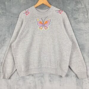 Womens Sweatshirt Large Gray Vintage Y2K Butterfly Fleece‎ Sweater Pullover USA